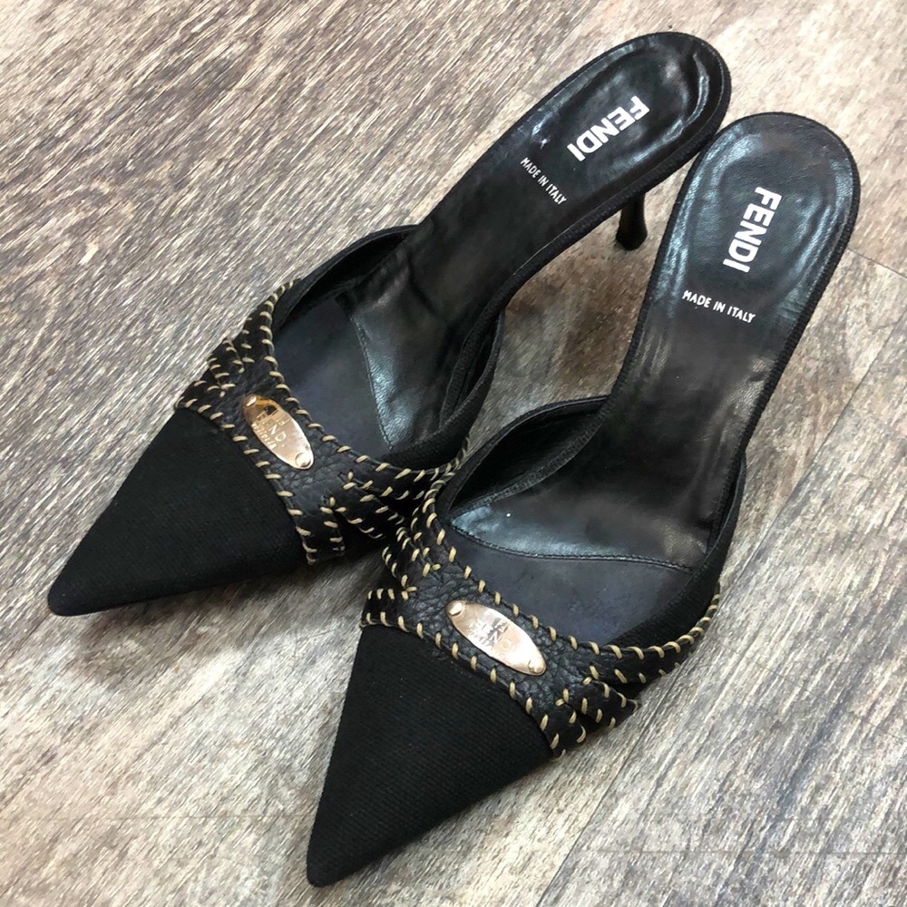 Vintage FENDI Selleria Series Logo Plate Mule Heels (rare)